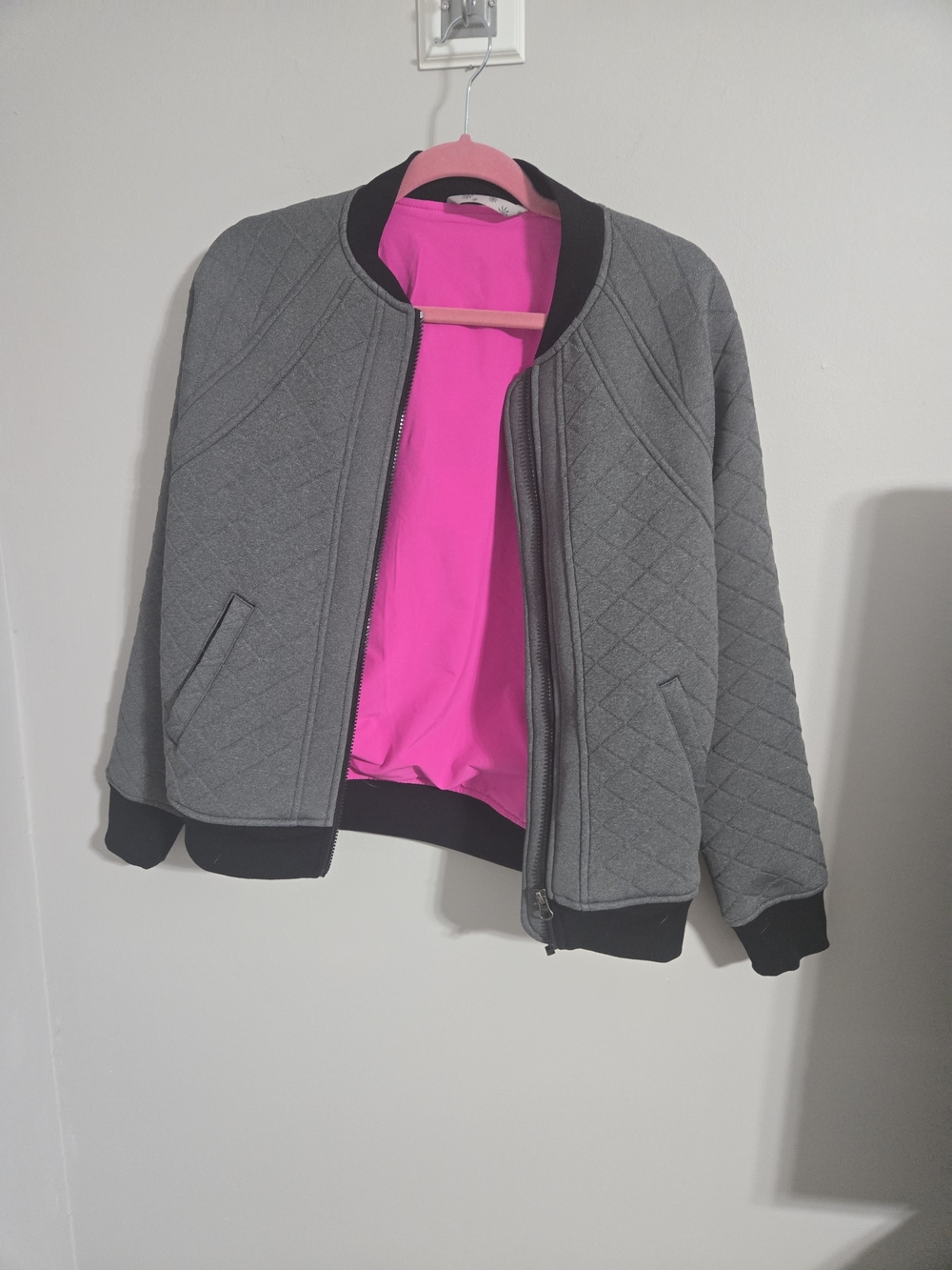 Women's Quilted Gray Bomber Jacket with Pink Lining
